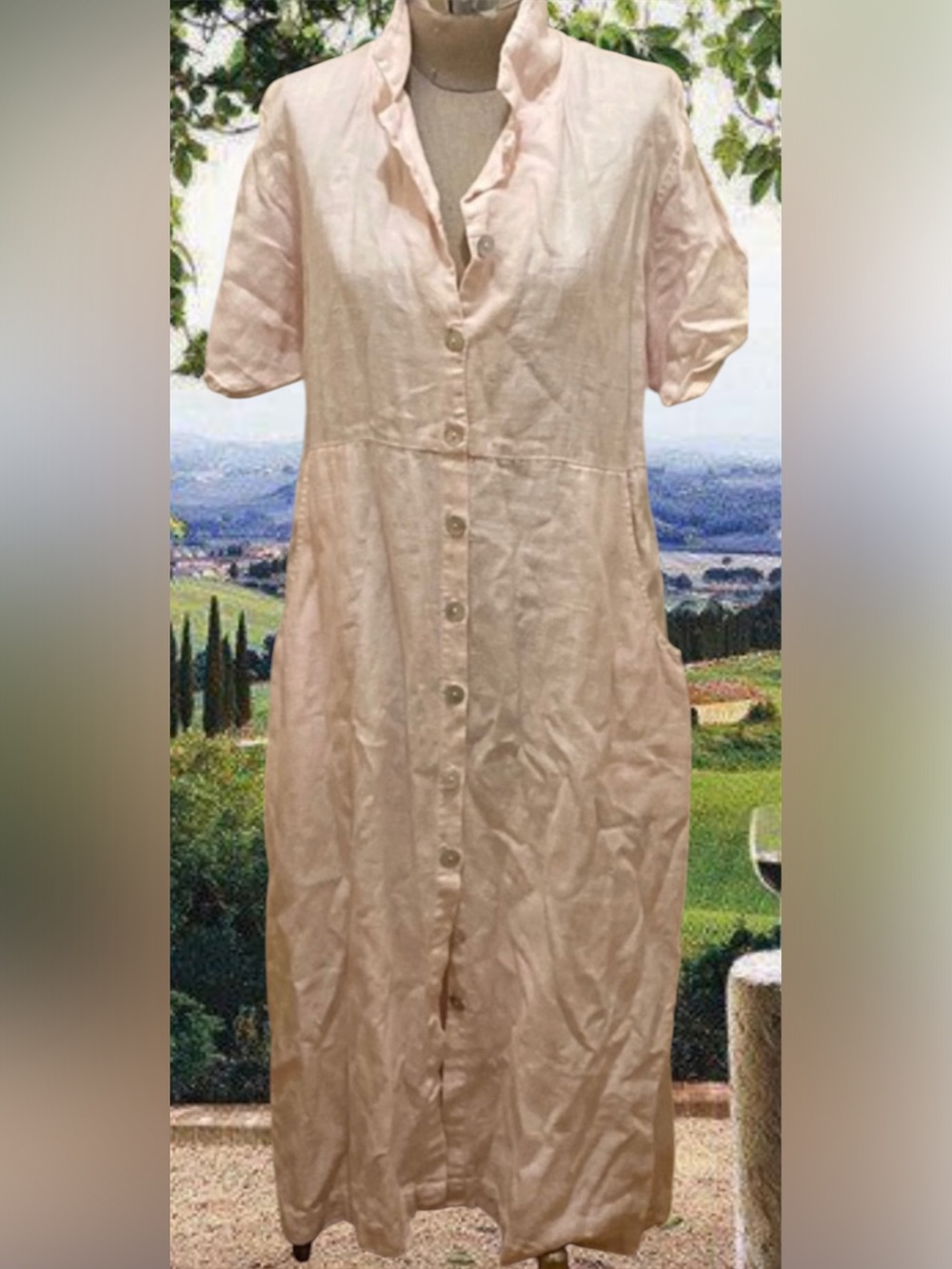 Subtle Tones 100% linen baby pink midi dress with buttons, slits & deep pockets
